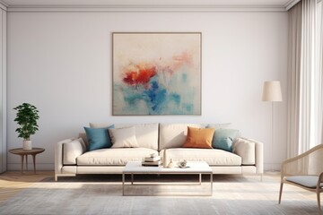 Fototapeta na wymiar A cozy and stylish living space with elegant furnishings and a captivating artwork on the wall