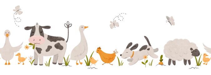 Papier peint photo Ferme Cartoon farm animals seamless border. Domestic pets puppy, goose, cow. Perfect for textile, fabric, paper, decoration. Hand drawn digital illustration  © Daryartsy