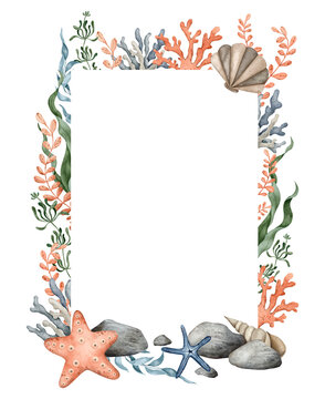 Vertical frame of sea Pebbles, marine coral, starfish, seaweed algae. Hand drawn watercolor illustration. Marine Border, tropical print for greeting card, invitation, baby shower