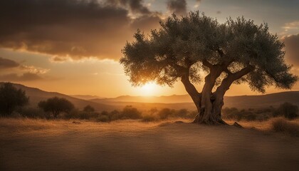Ancient Olive Tree Against Setting Sun Landscape