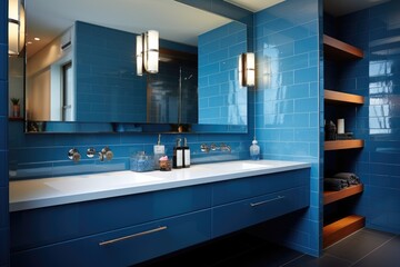 A modern bathroom with sleek blue tiles and a spacious mirror