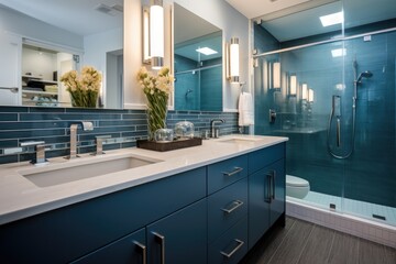 A modern bathroom with a sleek glass shower enclosure