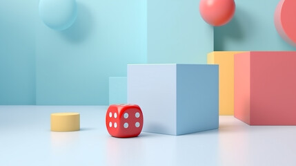red rolling dice on blue background  with geometric cube