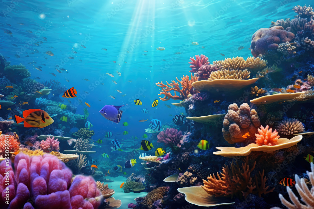 Wall mural Underwater with colorful sea life fishes and plant at seabed background, Colorful Coral reef landscape in the deep of ocean. Marine life concept, Underwater world scene.