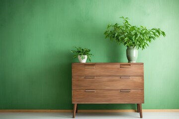 A rustic wooden dresser adorned with lush green plants