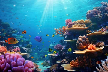 Deurstickers Underwater with colorful sea life fishes and plant at seabed background, Colorful Coral reef landscape in the deep of ocean. Marine life concept, Underwater world scene. © TANATPON