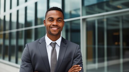 Portrait of a mid adult African American businessman in front of a modern corporate glass building - obrazy, fototapety, plakaty