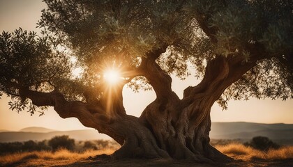 Flourishing Ancient Olive Tree in Serene Sunset Landscape