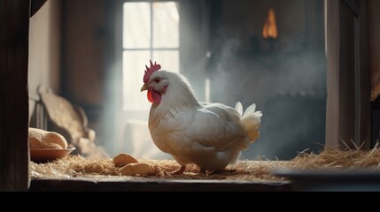 A white hen eating in the house.Generative AI - obrazy, fototapety, plakaty