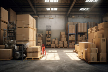 Interior of a warehouse storage with pallet truck near shelves. Generative AI