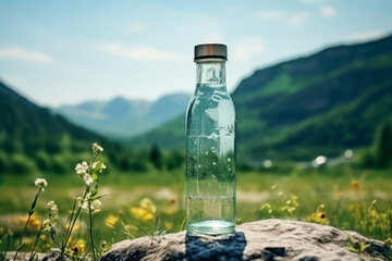 Mineral water in glass bottle on nature background. Generative AI