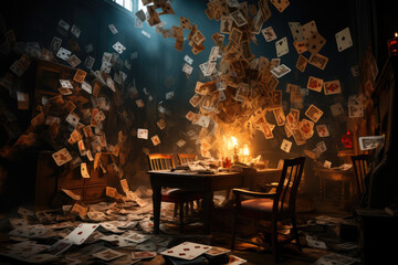 A room filled with floating, oversized playing cards, creating a surreal game of chance suspended in mid-air. Concept of unpredictable fate. Generative Ai.