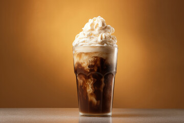 Cold root beer float with vanilla ice cream on an orange background. Generative AI - obrazy, fototapety, plakaty