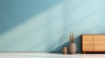 Empty interior background, room with blue turquoise wall, vase with branch,  wooden commode and window sun light with copy space