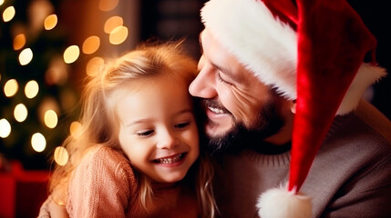 Fototapeta na wymiar Father and their small child sits near Christmas tree. Ai generated