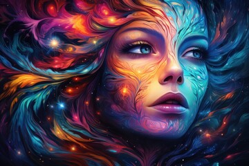 Beautiful female face formed from neon color space nebulas with stars in hair