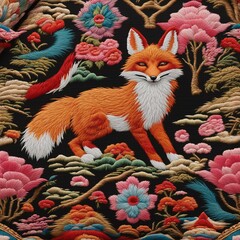Fototapeta premium Stunning Embroidered Fox Amidst Delicate Floral Decorations on Fabric