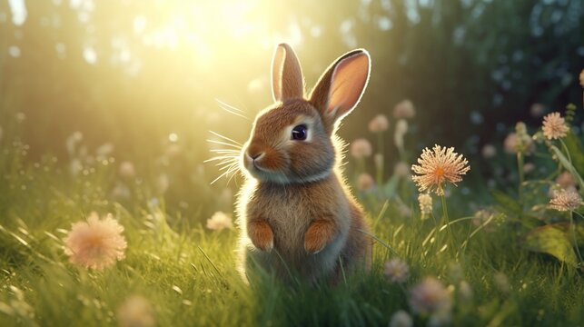 adorable rabbit on a meadow warming lighting.Generative AI