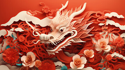 Chinese red dragon greating card. Chinese New Year Festival. Paper cut illustration style