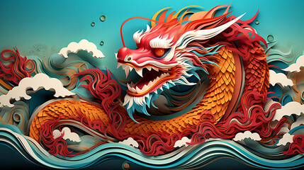 Chinese red dragon greating card. Chinese New Year Festival. Paper cut illustration style