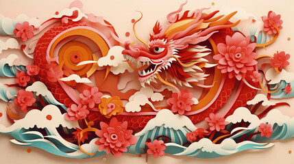 Chinese red dragon greating card. Chinese New Year Festival. Paper cut illustration style