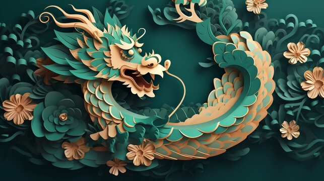 Chinese green dragon greating card. Chinese New Year Festival. Paper cut illustration style