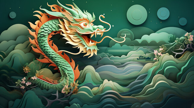 Chinese green dragon greating card. Chinese New Year Festival. Paper cut illustration style