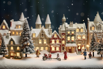 Miniature toy night festive illuminated snowy city. Christmas night in a small town. Merry Christmas and happy holidays