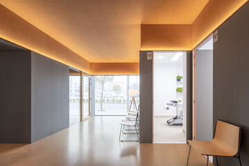 Bright dental clinic waiting area with city view