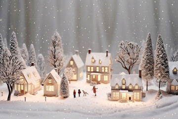 Obraz na płótnie Canvas Miniature toy night festive illuminated snowy city. Christmas night in a small town. Merry Christmas and happy holidays