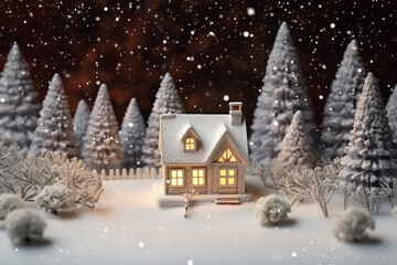 Naklejka premium Miniature toy night festive illuminated snowy city. Christmas night in a small town. Merry Christmas and happy holidays