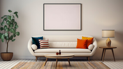 Fototapeta na wymiar Mid-Century Sofa, Oval Coffee Table on Color Block Rug, Mock Up Frame on Wood Panel Wall. Retro Modern Living Room.
