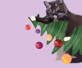 Black cat with Christmas tree. Raster illustration