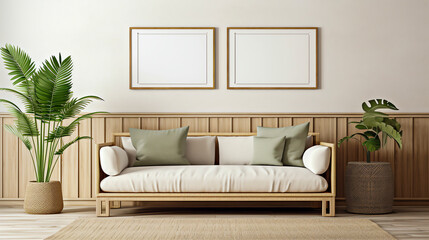 Wicker Sofa, Rattan Coffee Table on Seagrass Rug, Mock Up Frame on Bamboo Wall. Tropical Resort Living Room.