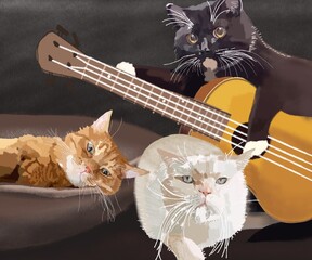 Three cats, one plays guitar.  Illustration