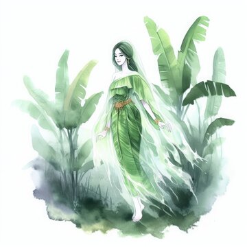 Watercolor painting "Phi Tani" is the name of a beautiful Thai female ghost. Haunts in a banana tree. Generative AI.