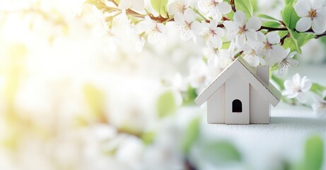 Toy house and cherry flowers, spring abstract natural background. - obrazy, fototapety, plakaty