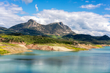 Picturesque view of mountain valley and lake in Zahara de la Sierra in Spain