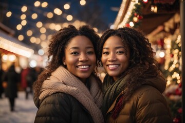 Two young smiling African American women at Christmas market, bokeh lights in the background