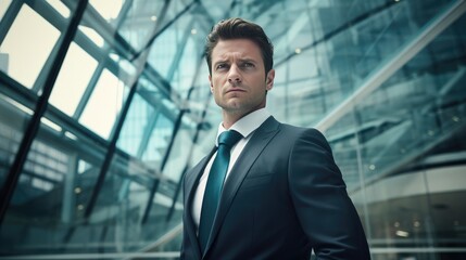 Portrait of a mid adult businessman in front of a modern glass building