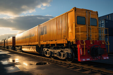 A shipping container being loaded onto a train for long-distance transportation, showcasing the versatility of intermodal logistics. Concept of intermodal transport. Generative Ai.