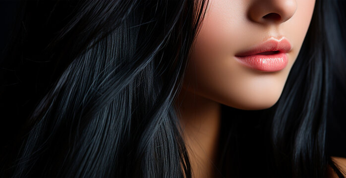 Black hair close-up as background. Women's long natural dark hair. Wavy shiny curls - AI generated image