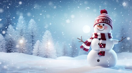 Happy snowman in the winter scenery.
