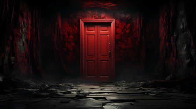 a red door in a scary room background