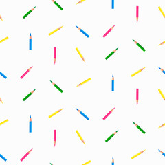Children's patern with colorful pencils blue, pink, yellow, green on a white background, handwritten digital illustration