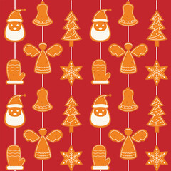Seamless pattern with gingerbread cookies on a string. Christmas ornament for winter holidays. Gingerbread Santa, Christmas tree, snowflake, angel, mitten, bell. Vector illustration