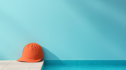 Orange cap next to a pool with blue wall background and copy space. cap ads and info concept