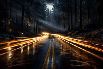 Car lights trail through the winding mountain road