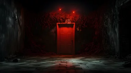 Fotobehang a red door in a scary room background © Hamsyfr
