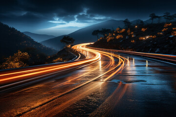 Obraz premium Car lights trail through the winding mountain road